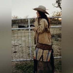 Fringe Saddle Blanket Crossbody Tote with Tooled Leather Removable Strap